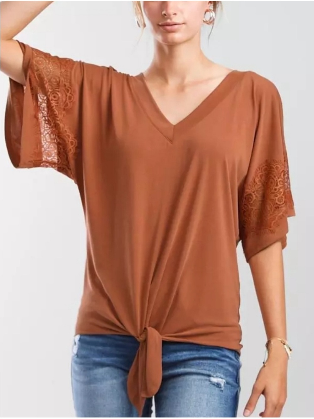 Day Trip V-Neck Tie-Front Dolman Lace Sleeve Top - Brown. Size Medium